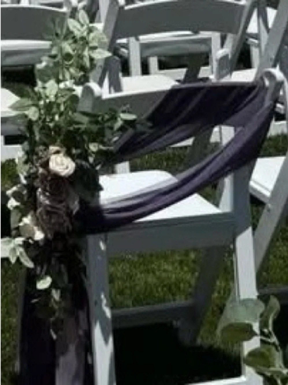 Wedding aisle decor lings moment Purple Sheer Chair Sashes with Floral Garland
